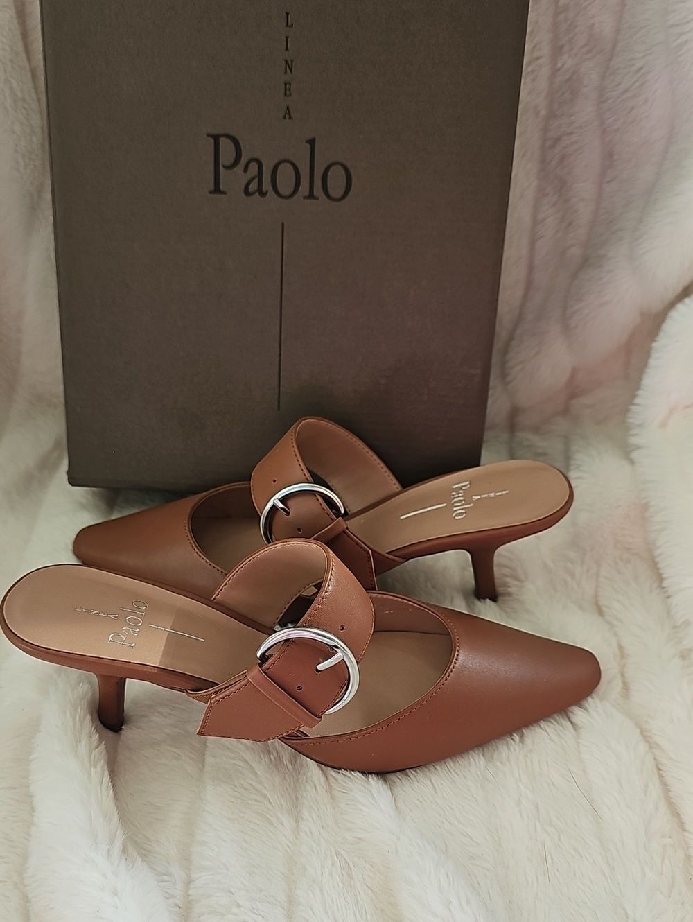 Paolo Tan Leather Buckle Mule Heels